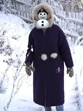 Vintage handmade Long Purple Winter Coat with Fur-Trim Hood